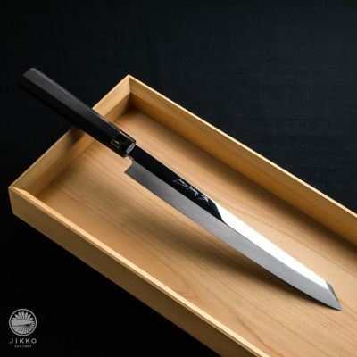 本焼 切り付け 柳刃 包丁 和包丁 白一鋼 刃紋 黒水牛柄